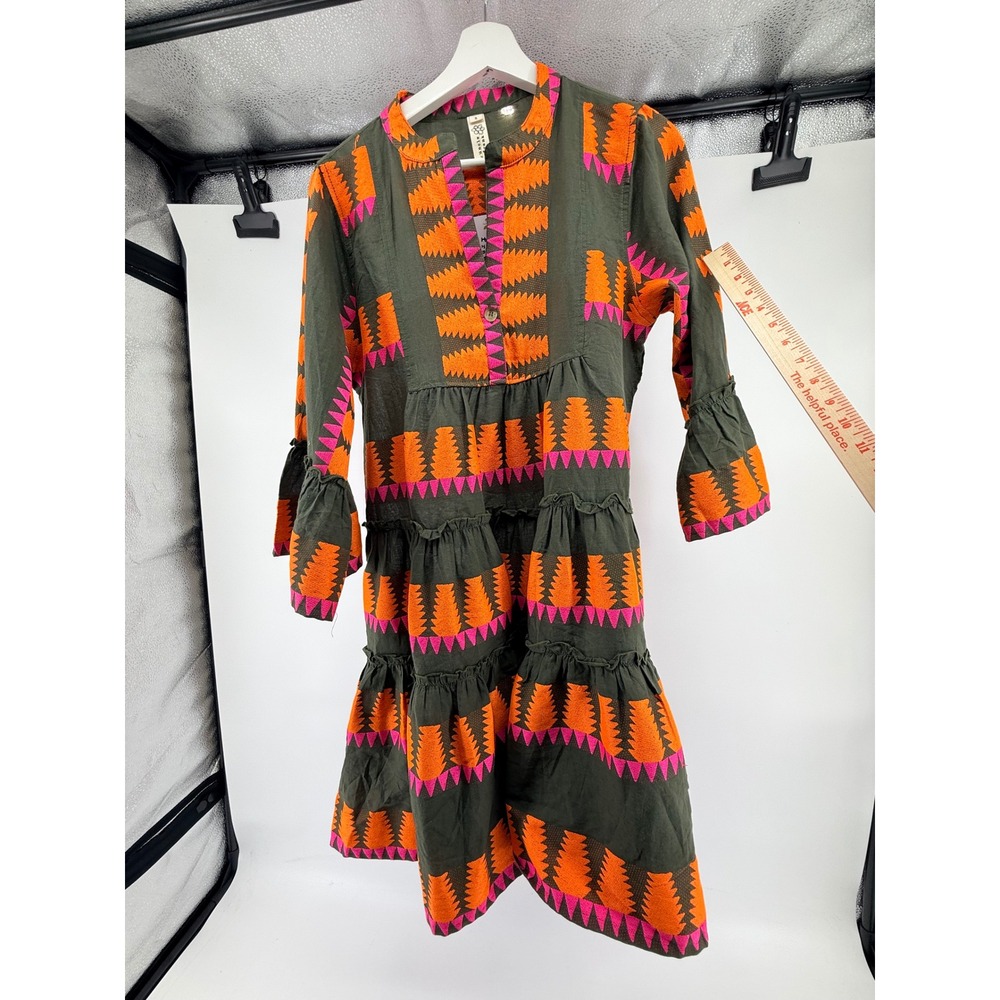 Uncle Frank Women Olive Green Orange Pink Geometric Tiered Mini Dress Small NWT
